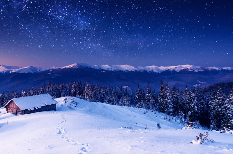 银河系覆盖着冬日山脉的景色-喀尔巴阡-乌克兰-欧洲-美丽世界