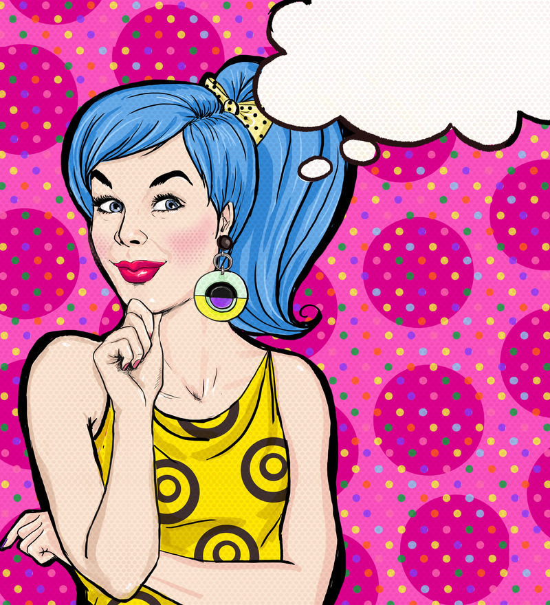 波普艺术插图蓝色头发的女孩与思想泡沫-性感女郎漫画广告海报