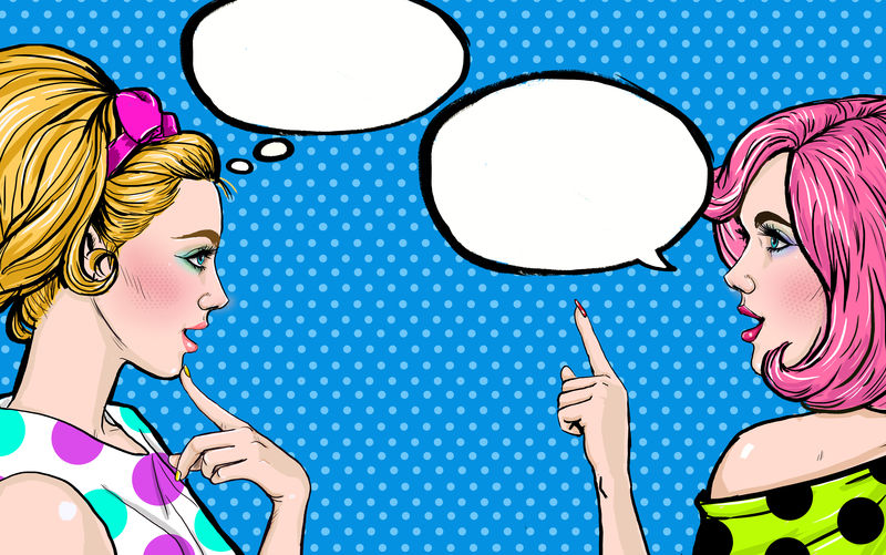 两个派对女孩在谈论你-波普艺术女性的闲言碎语带有泡沫-广告海报或迪斯科舞厅设计的女性对话