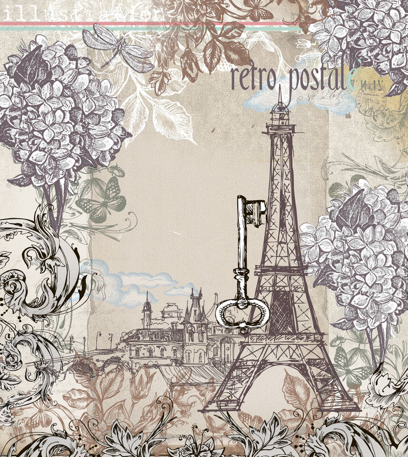 具有里程碑式元素的复古设计纸背景