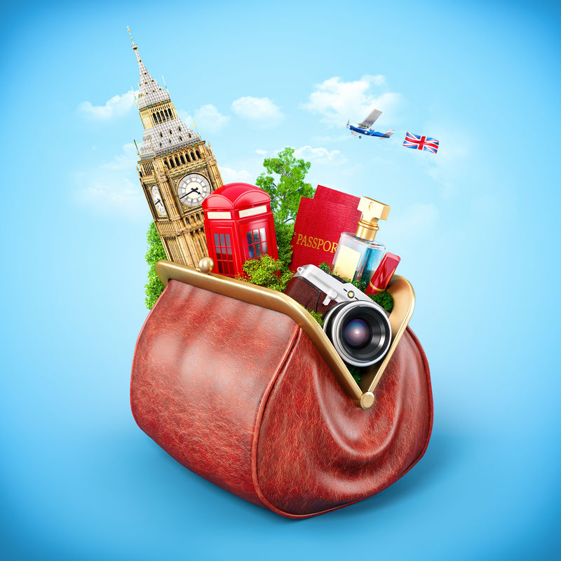 伦敦的风景在打开的女人的休闲钱包-在英国购物-异常旅行说明