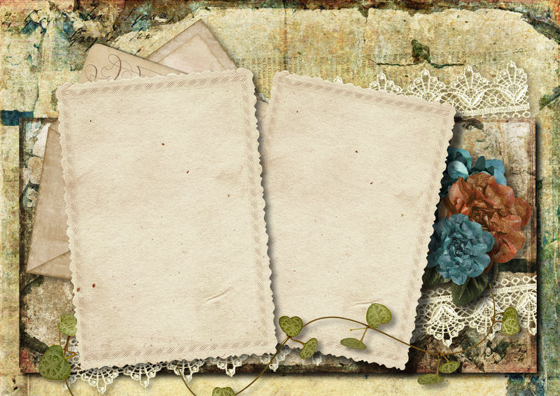 旧卡片和美丽花朵的肮脏背景