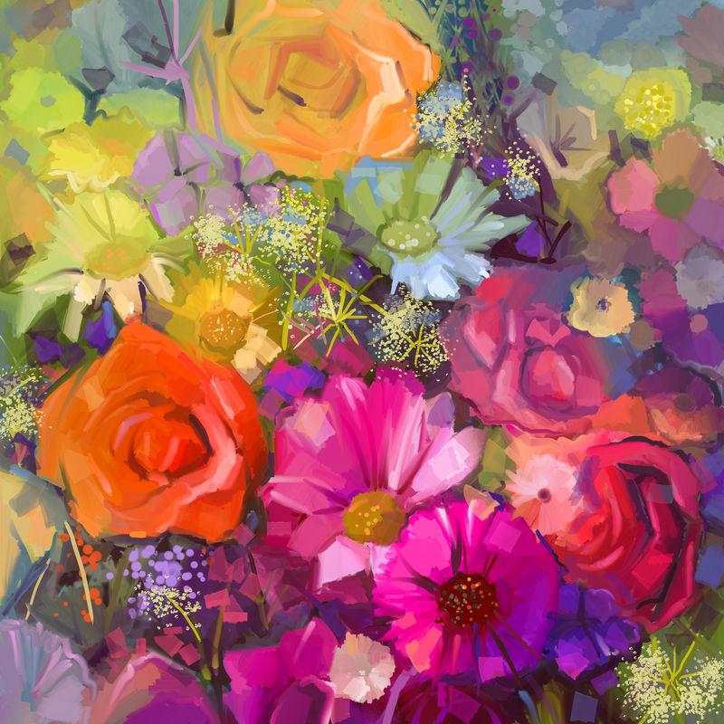 黄色和红色花朵的静物画 油画上的一束玫瑰 雏菊和非洲菊花 手绘花卉印象派风格素材 高清图片 摄影照片 寻图免费打包下载