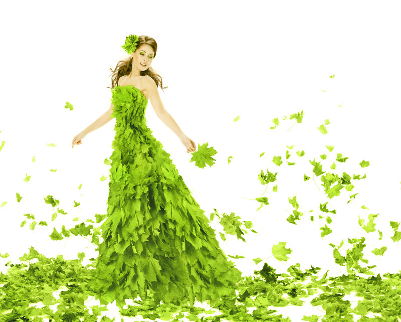 奇幻美-四季时尚女郎春叶连衣裙-创意美丽的女孩穿着绿色夏装-白底