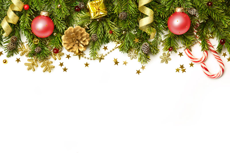 圣诞树树枝-红色的小玩意儿-金色的星星-白色的雪花-水平的边界