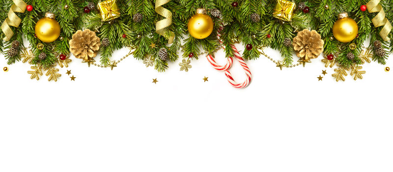 圣诞节的边界与金色的装饰品-树枝的星星-雪花-白色隔离-横幅式广告