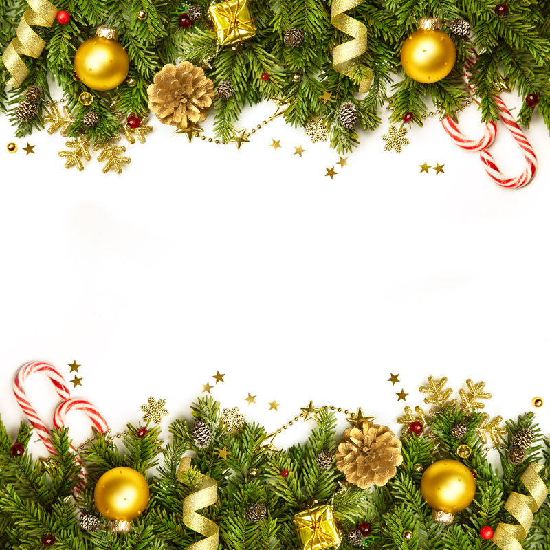 圣诞树的枝条上有金色的小饰品、星星、雪花-白色的边缘-水平