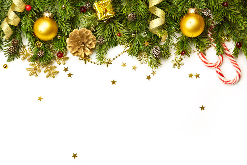 圣诞树树枝-金色的小玩意儿-星星-雪白的雪花-水平的边界