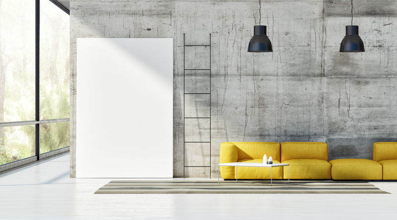 阁楼概念-混凝土墙上的模型海报-3D渲染