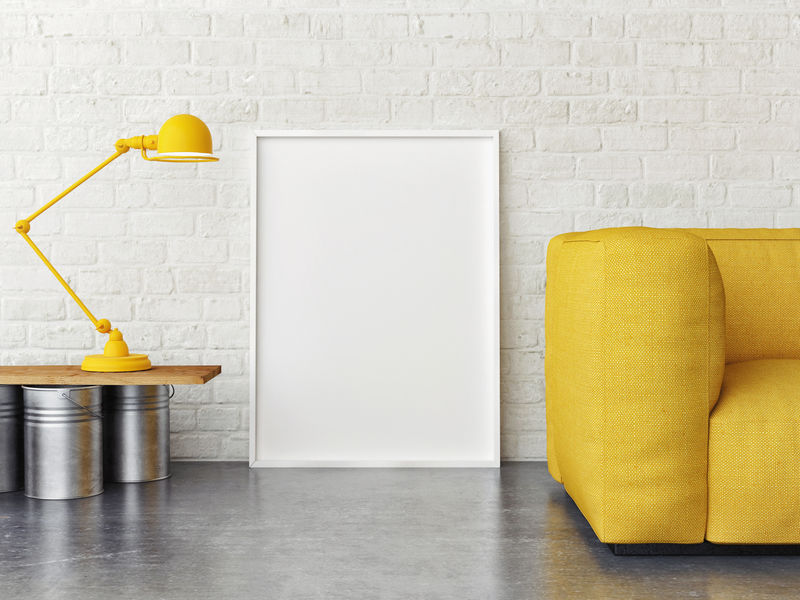 模型海报、室内构成、沙发、灯具和白色海报、3D渲染