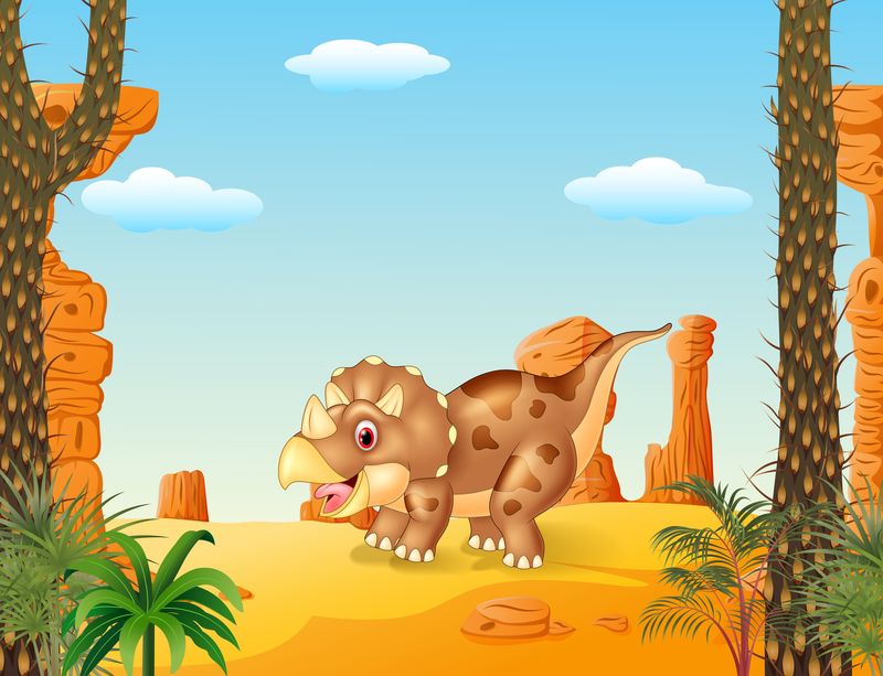 以沙漠为背景的卡通三角龙三角恐龙