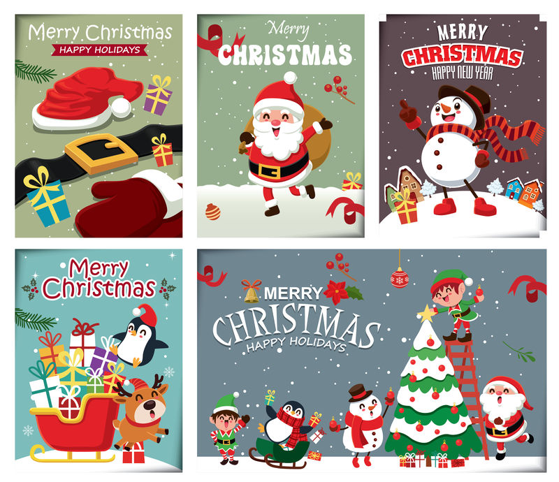 复古圣诞海报设计与矢量雪人-驯鹿-企鹅-圣诞老人-精灵-人物