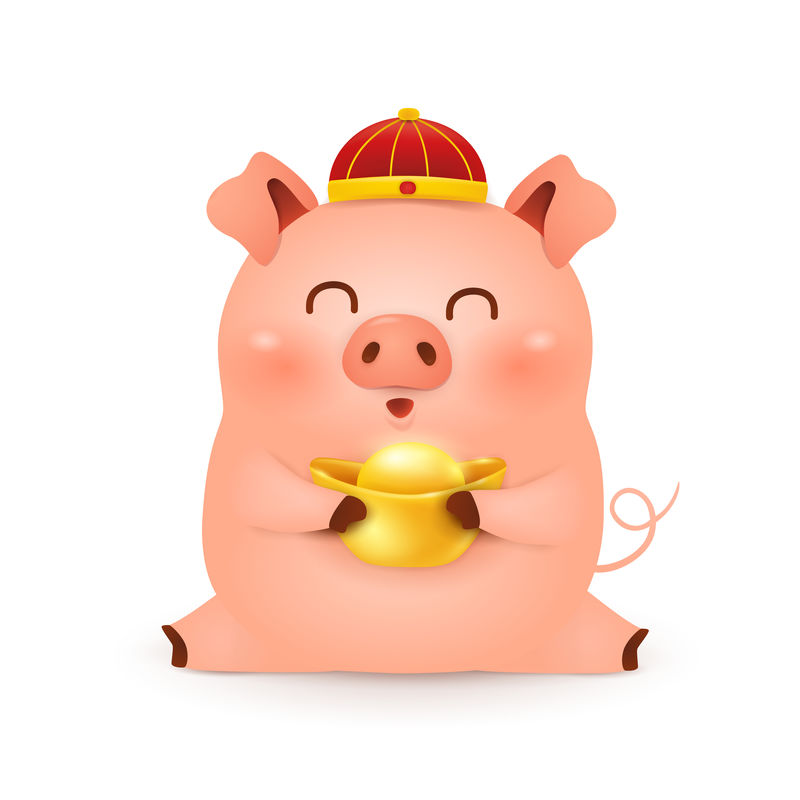 可爱的卡通小猪字设计,传统的中国红帽子,白色背景上有中国金锭猪年