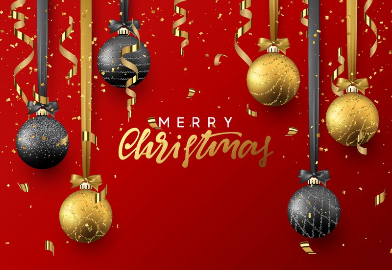 圣诞背景-闪亮的金色和黑色的球-蛇形和五彩纸屑-刻字圣诞快乐卡片矢量图