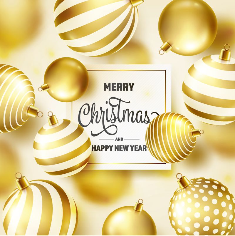 圣诞背景与树球-金球-新年-寒假-季节性销售装饰-黄金圣诞礼物
