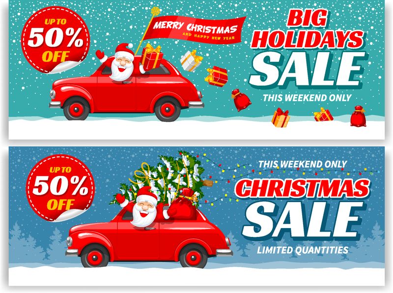 圣诞节和大节日销售横幅模板与欢乐圣诞老人驾驶一辆红色复古车-矢量图