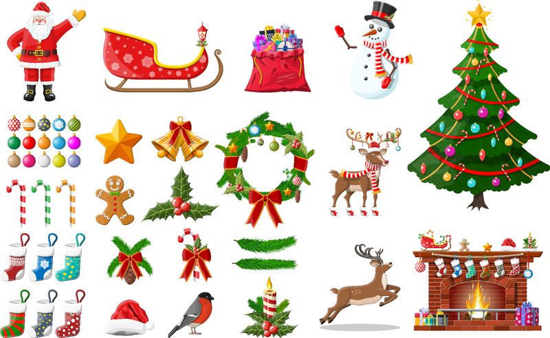 圣诞新年套餐-圣诞老人-雪人-树-驯鹿-长袜-球-冬青雪橇壁炉玩具礼物-圣诞问候-新年圣诞节庆典-插图平面样式