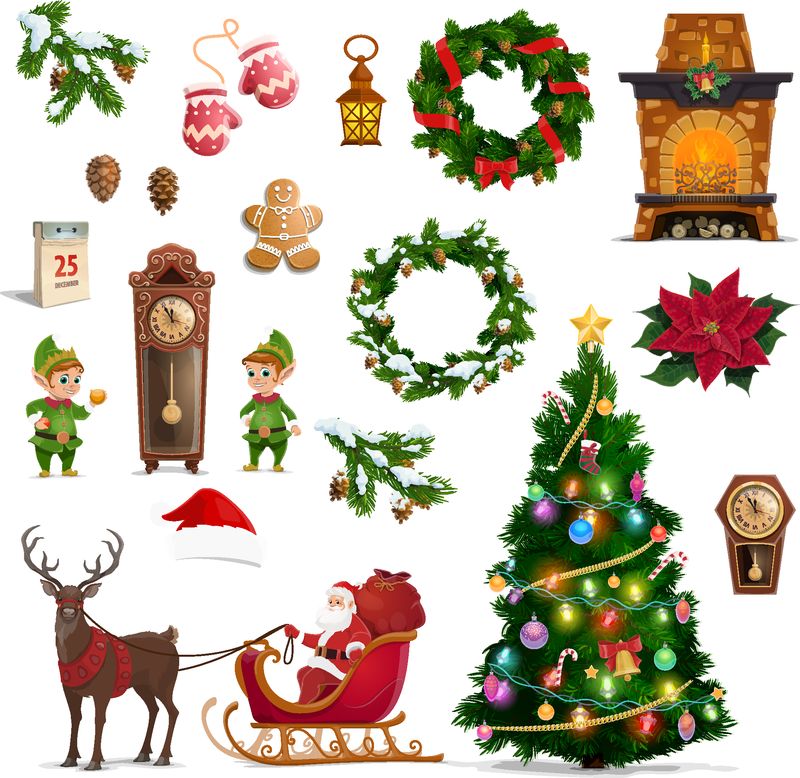 圣诞节和新年是冬季节日的矢量符号-圣诞老人、礼物和圣诞树-有铃铛、糖果和球、红帽子、松花圈和姜饼、蜡烛、一品红、驯鹿雪橇和精灵