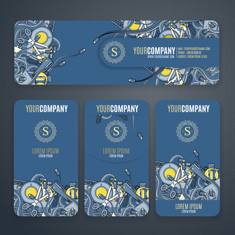 公司身份矢量模板设置涂鸦的主题在海军颜色。办公室用品，电话，带接头的电线，咖啡杯，夹子。