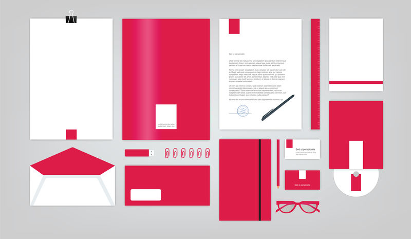 红色企业标识模板-矢量公司的品牌书籍和指南风格-文件夹、笔、信封、名片、CD光盘、闪存卡、铅笔、尺子、眼镜和空白页