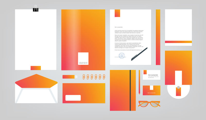 橙色企业标识模板-矢量公司的品牌书籍和指南风格-文件夹、笔、信封、名片、CD光盘、闪存卡、铅笔、尺子、眼镜和空白页
