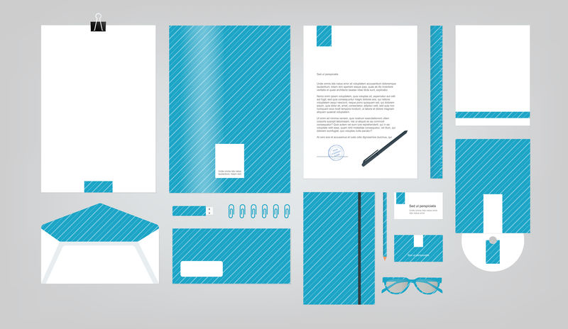 蓝色企业标识模板-矢量公司的品牌书籍和指南风格-文件夹、笔、信封、名片、CD光盘、闪存卡、铅笔、尺子、眼镜和空白页