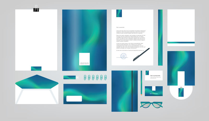 蓝色企业标识模板-矢量公司的品牌书籍和指南风格-文件夹、笔、信封、名片、CD光盘、闪存卡、铅笔、尺子、眼镜和空白页