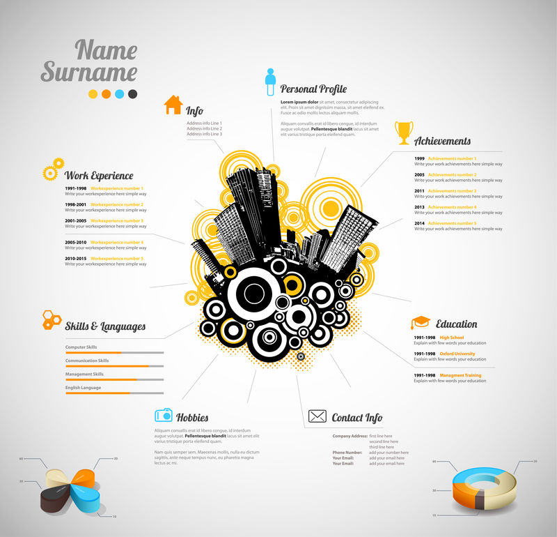 创意丰富，色彩丰富的简历模板与摩天大楼。
