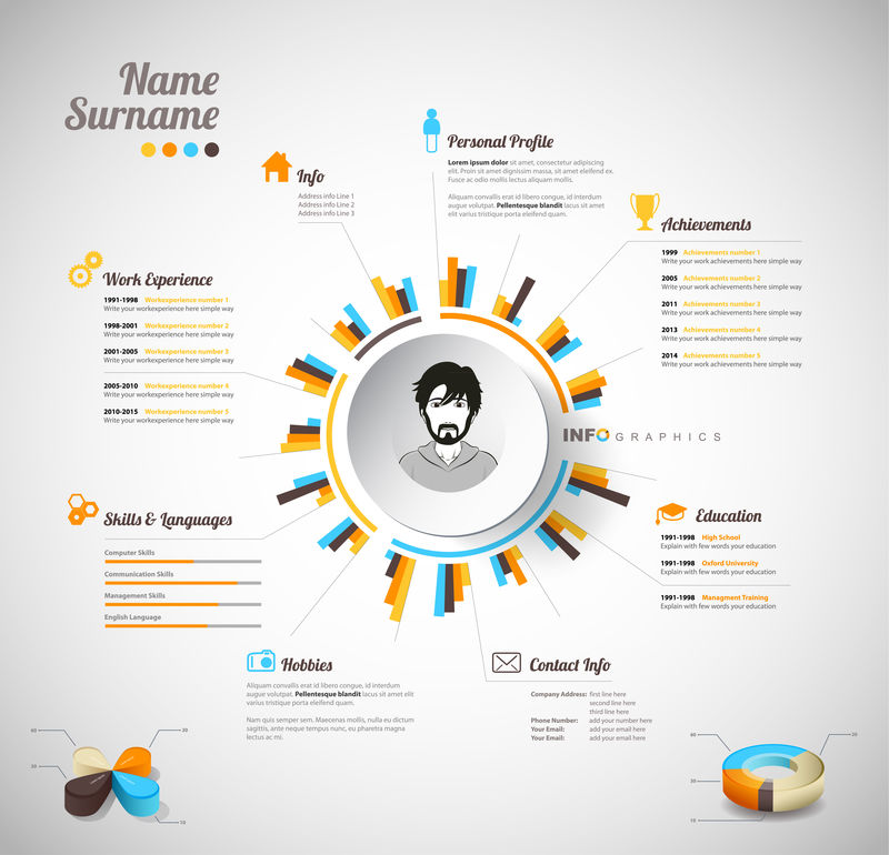 创意丰富、色彩丰富的简历模板，中间带圆圈