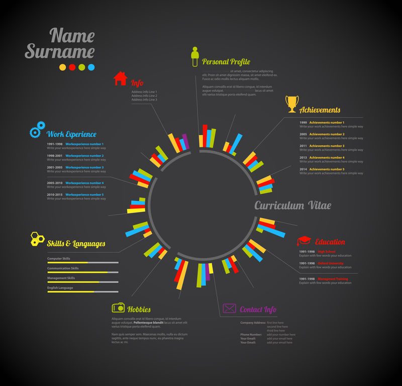 创意丰富、色彩丰富的简历模板，中间有圆圈。