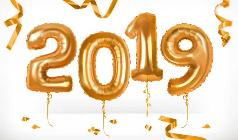 金色玩具气球-2019年新年快乐-三维矢量图标