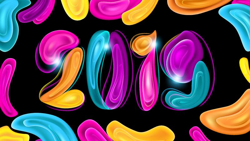 2019年黑色背景下的新年彩卡设计-节日塑料元素和火花