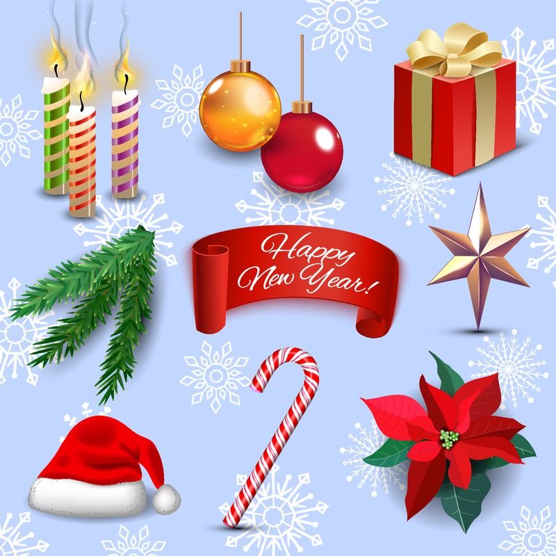 圣诞新年装饰写实图标集独立插图