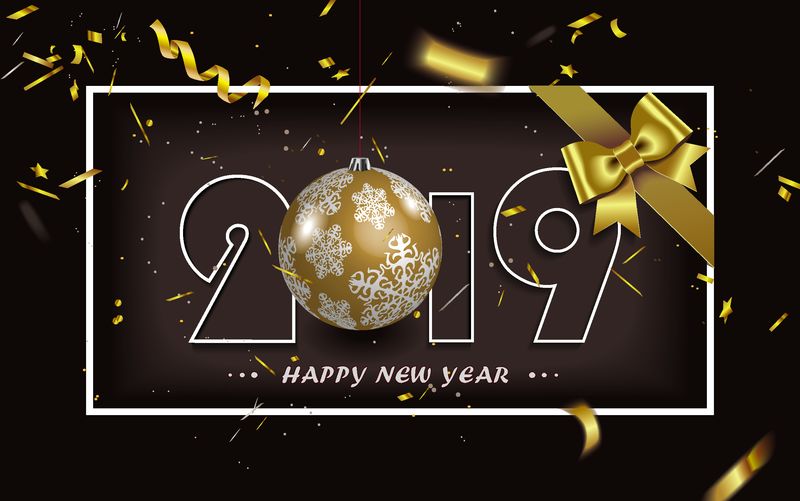 2019年新年快乐背景-金色礼品蝴蝶结和散焦金色纸屑