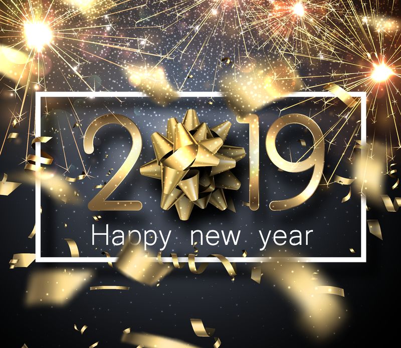 2019年新年快乐-灰色背景下有闪亮的卡片、金色蝴蝶结和模糊的五彩纸屑-矢量背景