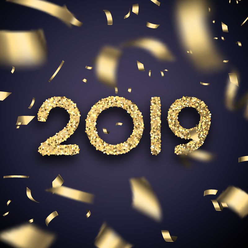 2019年新年快乐-金色模糊的彩纸点缀着闪亮的海报-矢量背景