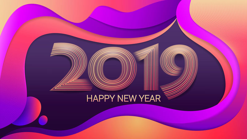 2019年新年快乐-圣诞节-彩色背景-抽象矢量图-庆祝-寒假-压花的多层剪纸-波浪形几何线条