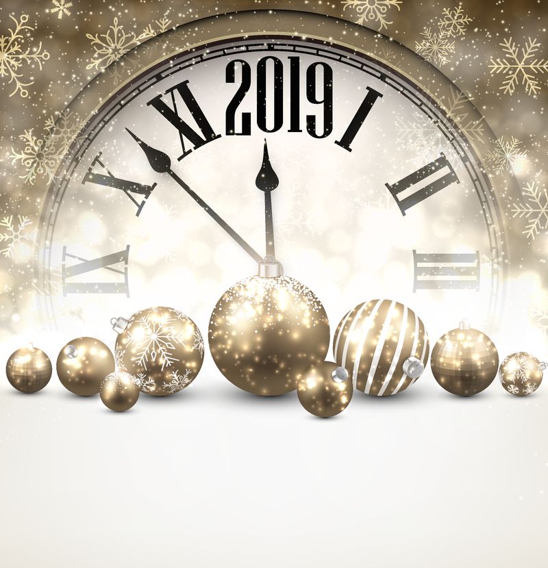 金2019新年背景与时钟-圣诞球和雪花-矢量图