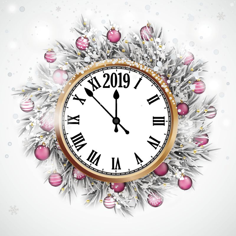 圣诞卡上有雪-粉红的小饰品和铜钟-日期是2019年-EPS 10矢量文件