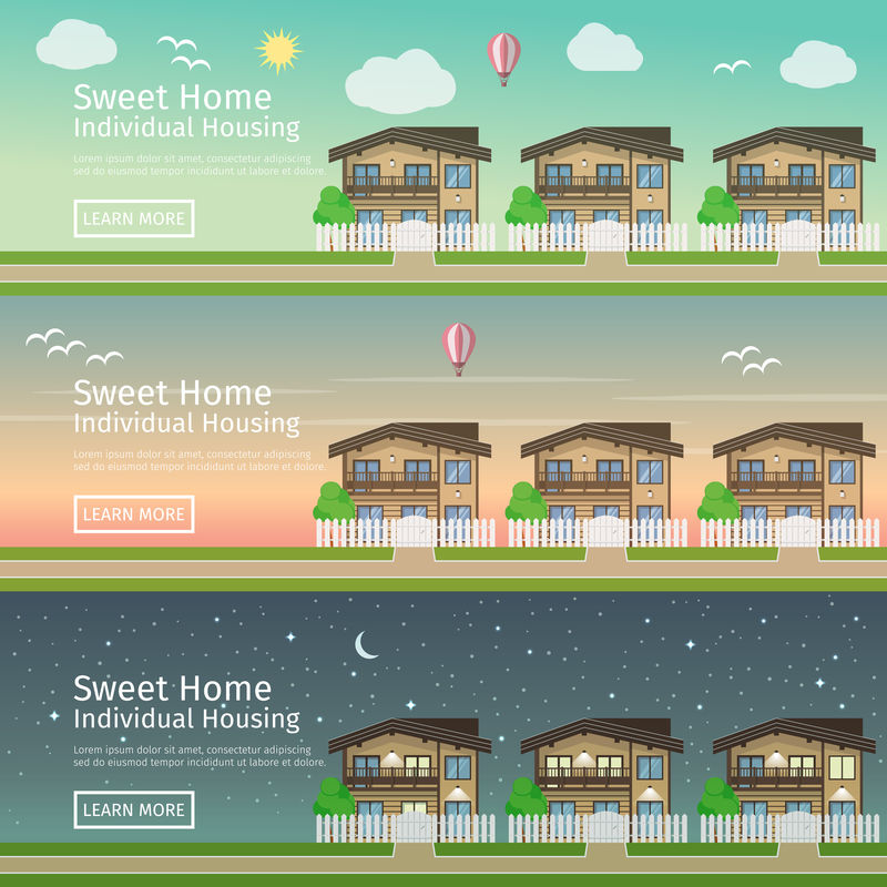 一套漂亮的平面矢量网络横幅,主题为“乡村房地产”,时间不一。