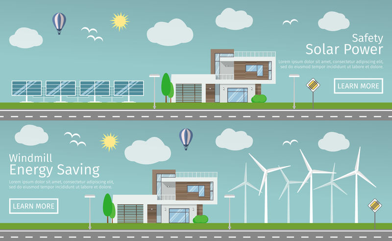 现代住宅用生态绿色替代能源,平网横幅集概念。风力涡轮机和太阳能电池板。矢量图解