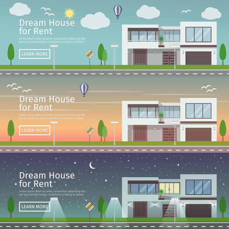 一套漂亮的平面矢量网横幅,主题是现代房地产在不同的时间段。