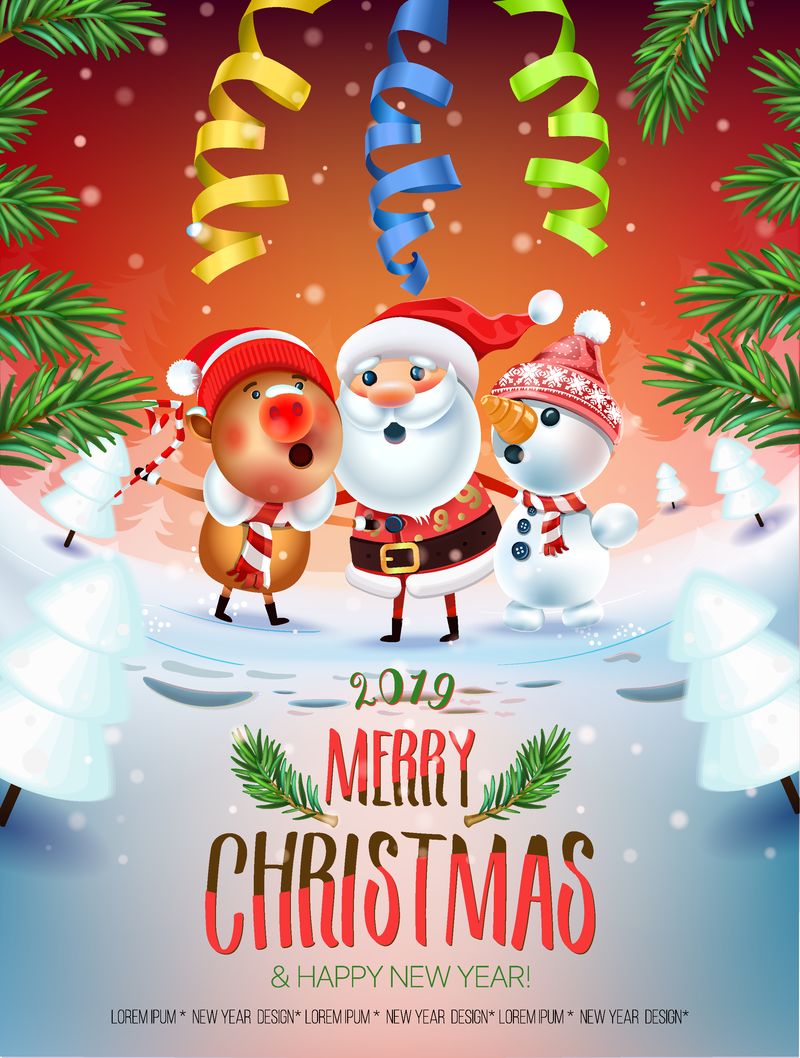 2019年圣诞快乐和新年海报-圣诞老人雪人-象征着2019年的猪在雪地草地上围绕圣诞树唱圣诞歌-邀请卡和假日模板.vec