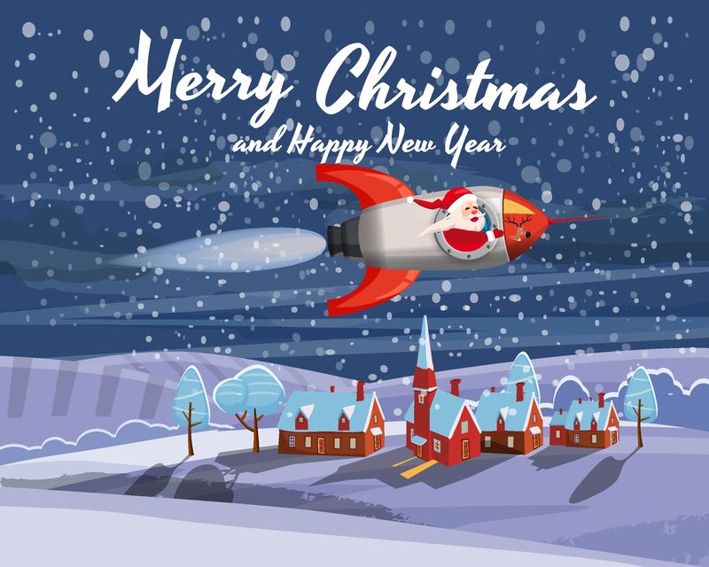 坐在火箭上的圣诞老人在地球周围的乡村小镇上空飞翔-圣诞快乐-新年快乐-冬季-星星-矢量-插图-问候-横幅-海报-孤立