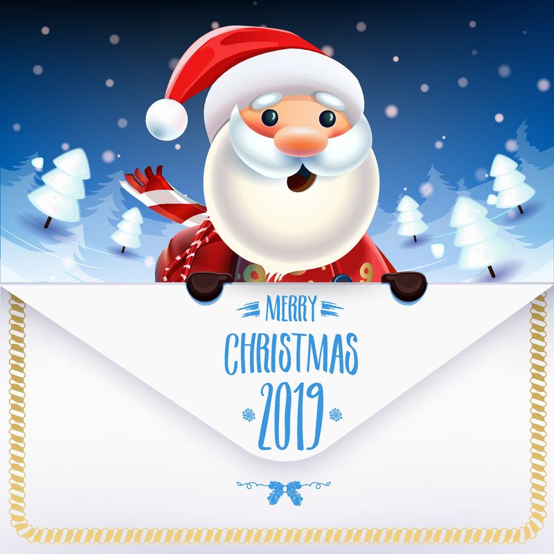 2019新年和圣诞快乐标志-圣诞老人以冬天为背景-带着一封信-装饰海报卡假日背景-矢量