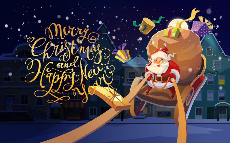 圣诞卡-圣诞背景：圣诞老人驾着雪橇-送礼物和礼物-背景是冬夜城-圣诞快乐-新年快乐