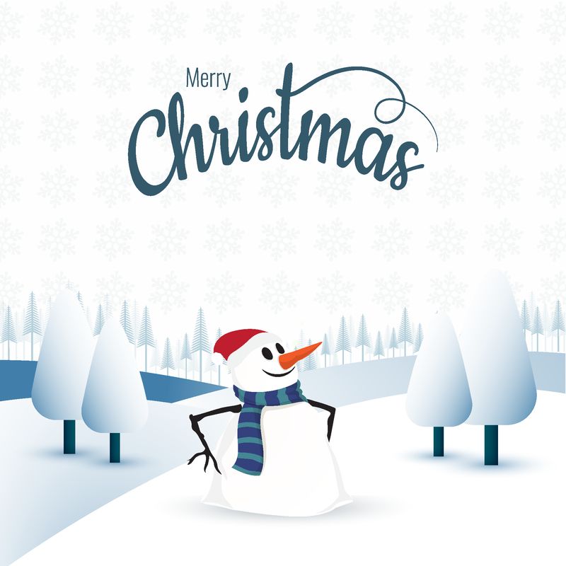 圣诞快乐贺卡设计与可爱的雪人冬季景观背景-可作为贺卡设计