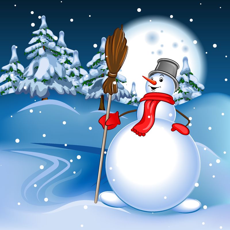 头上顶着扫帚和水桶的雪人