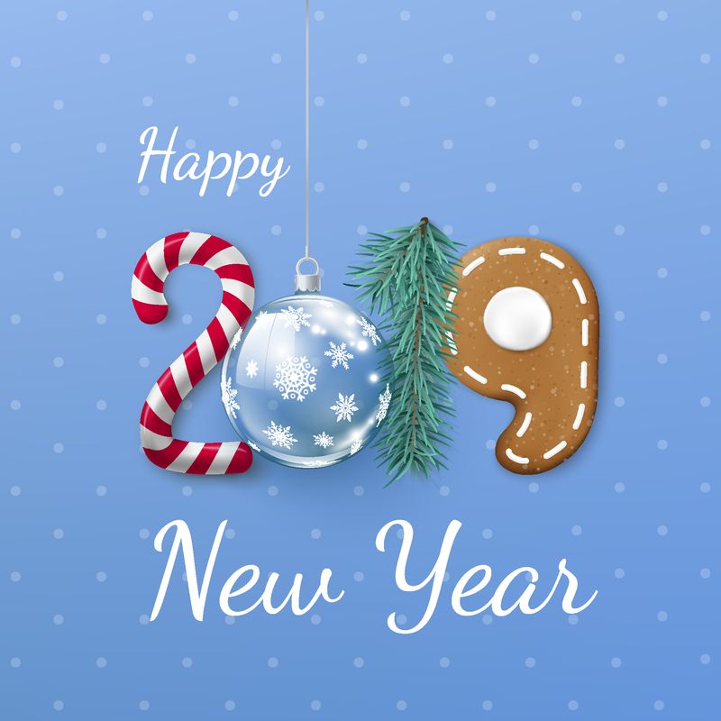 2019年新年快乐横幅-创意节日字母-糖果、圣诞球、松木和姜饼-在蓝色背景上隔离的插图
