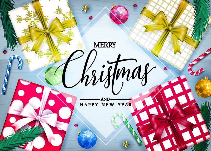 圣诞快乐和新年快乐顶视图装饰横幅与现实的礼品盒-糖果拐杖-圣诞球-星星和灯在蓝色木制背景的节日季节-矢量